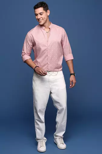 men's mandarin collar polka dots pink slim fit shirt