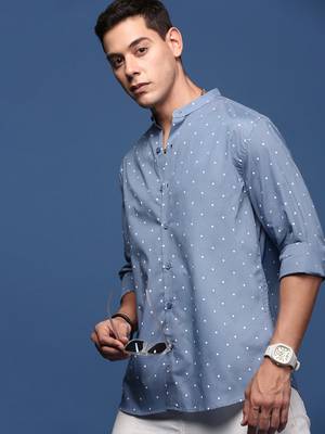 men's mandarin collar polka dots blue slim fit shirt 1