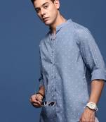men's mandarin collar polka dots blue slim fit shirt