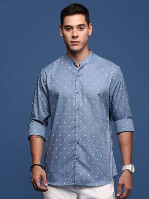 men's mandarin collar polka dots blue slim fit shirt 2