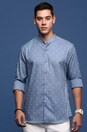 men's mandarin collar polka dots blue slim fit shirt