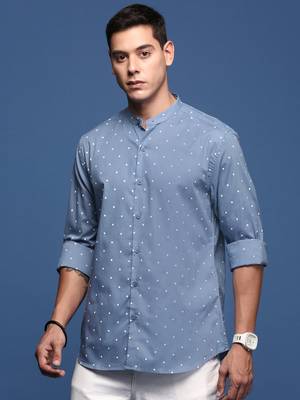 men's mandarin collar polka dots blue slim fit shirt 3