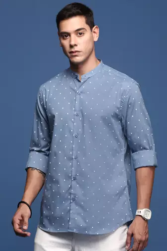 men's mandarin collar polka dots blue slim fit shirt