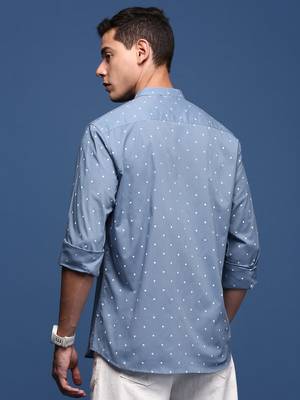 men's mandarin collar polka dots blue slim fit shirt 4