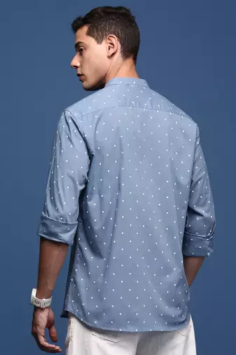 men's mandarin collar polka dots blue slim fit shirt