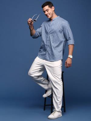 men's mandarin collar polka dots blue slim fit shirt 5
