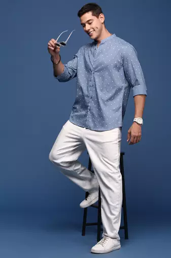 men's mandarin collar polka dots blue slim fit shirt
