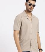men's beige cuban collar relaxed fit solid shirt