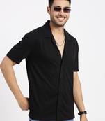 men's black cuban collar relaxed fit solid shirt