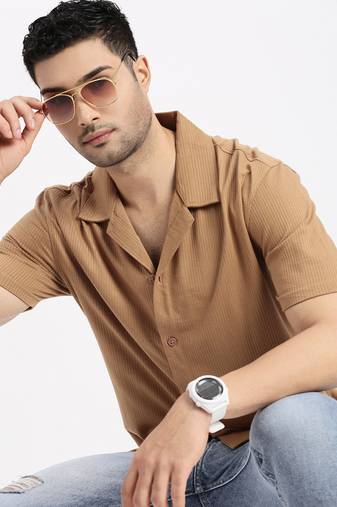 men's brown cuban collar relaxed fit solid shirt