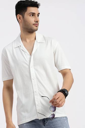 men's white cuban collar relaxed fit solid shirt