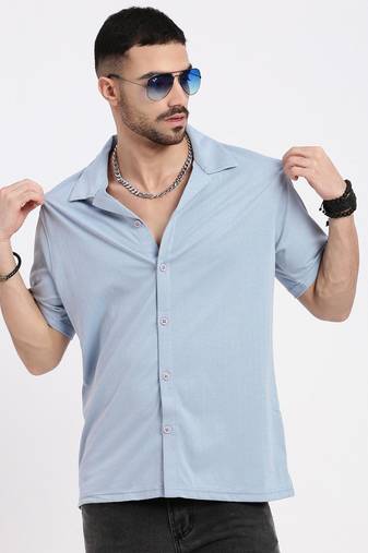 men's blue cuban collar relaxed fit solid shirt