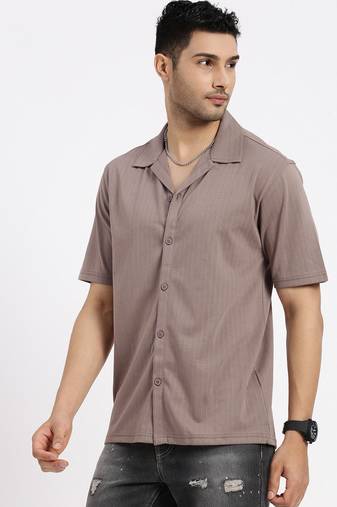 men's brown cuban collar relaxed fit solid shirt