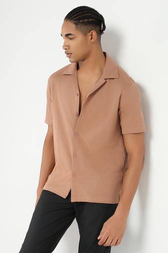 men's camel brown cuban collar relaxed fit solid shirt