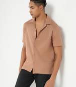 men's camel brown cuban collar relaxed fit solid shirt