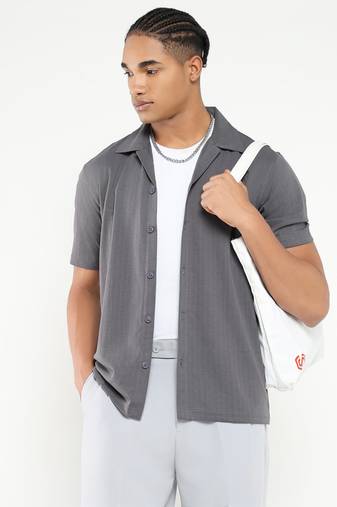 men's grey cuban collar relaxed fit solid shirt