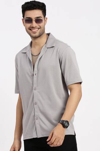 men's grey cuban collar relaxed fit solid shirt