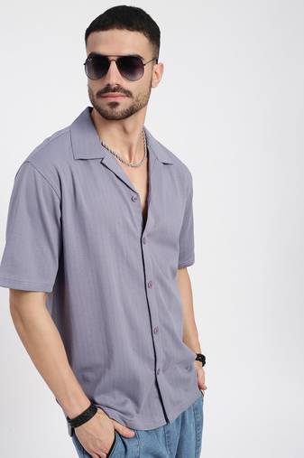 men's lavender cuban collar relaxed fit solid shirt