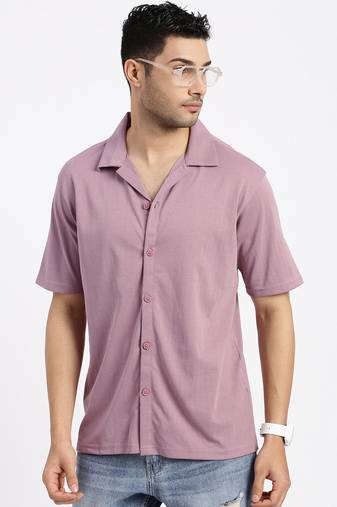 men's mauve cuban collar relaxed fit solid shirt