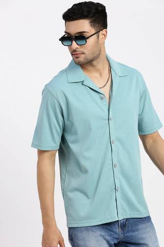 men's seagreen cuban collar relaxed fit solid shirt