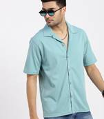 men's seagreen cuban collar relaxed fit solid shirt
