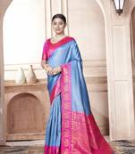 Royal Blue kanjivaram silk blend with Rich Gold Border And Elephant Motifs Saree With Blouse For Women