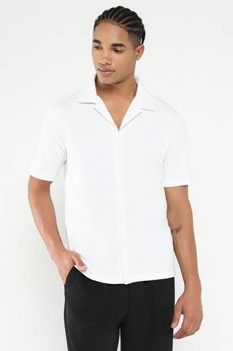 men's white cuban collar relaxed fit solid shirt