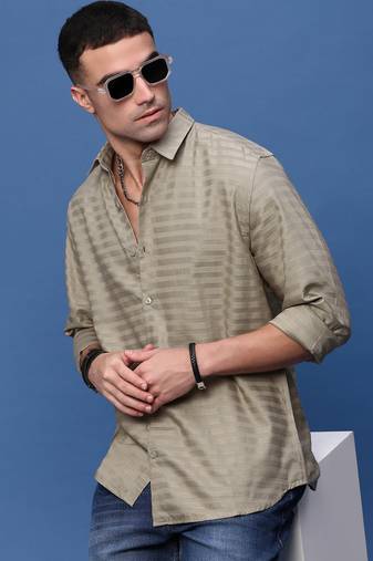 men's brown slim fit striped shirt