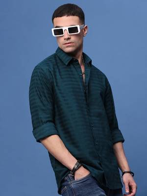men's teal slim fit striped shirt 1