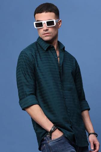 men's teal slim fit striped shirt