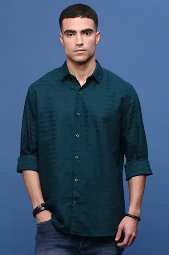 men's teal slim fit striped shirt