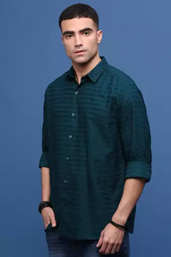 men's teal slim fit striped shirt
