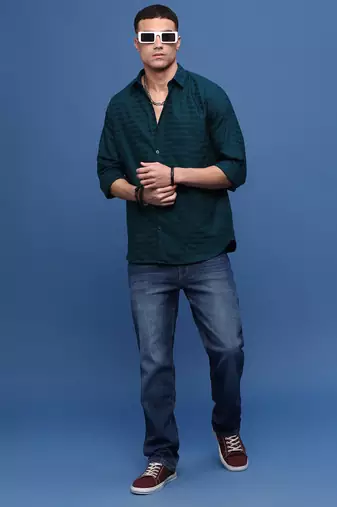 men's teal slim fit striped shirt