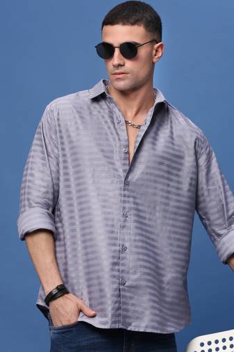 men's grey slim fit striped shirt