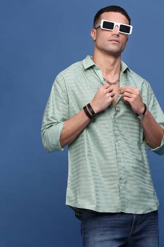 men's green slim fit striped shirt