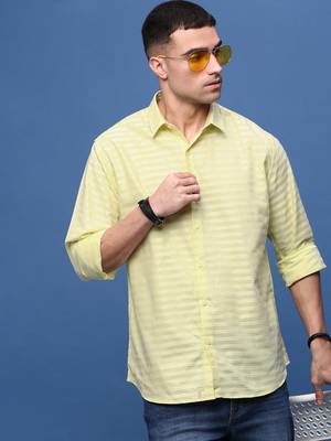 men's yellow slim fit striped shirt 1