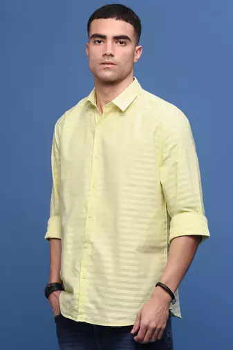 men's yellow slim fit striped shirt
