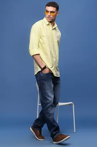 men's yellow slim fit striped shirt