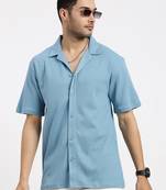 men's blue cuban collar relaxed fit solid shirt