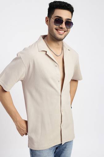 men's cream cuban collar relaxed fit solid shirt