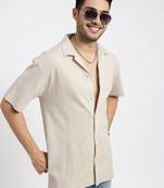 men's cream cuban collar relaxed fit solid shirt