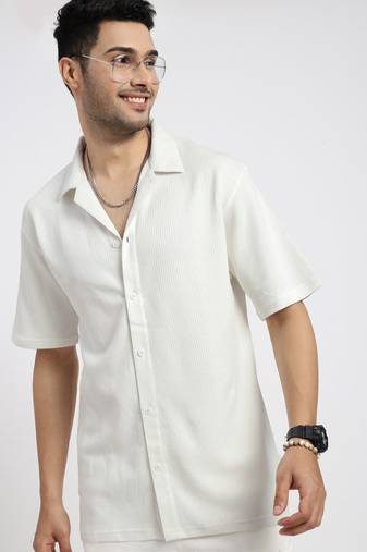 men's white cuban collar relaxed fit solid shirt