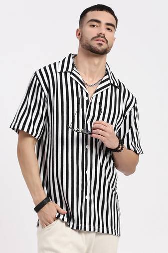 men's black cuban collar relaxed fit striped shirt