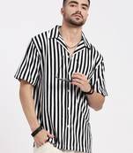 men's black cuban collar relaxed fit striped shirt