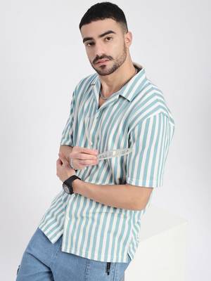 men's blue cuban collar relaxed fit striped shirt 1