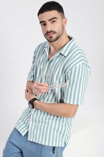 men's blue cuban collar relaxed fit striped shirt