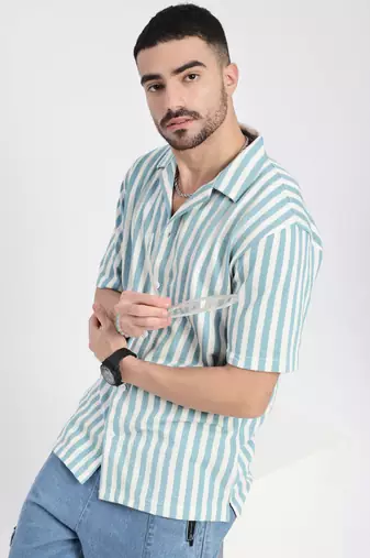 men's blue cuban collar relaxed fit striped shirt