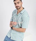 men's blue cuban collar relaxed fit striped shirt
