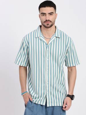 men's blue cuban collar relaxed fit striped shirt 2