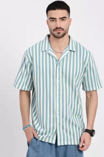 men's blue cuban collar relaxed fit striped shirt